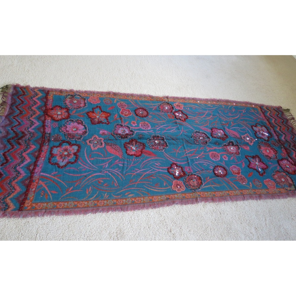 Ahujasons Blue Floral Scarf Pashmina 100% Wool Embellished Flowers Fringe
